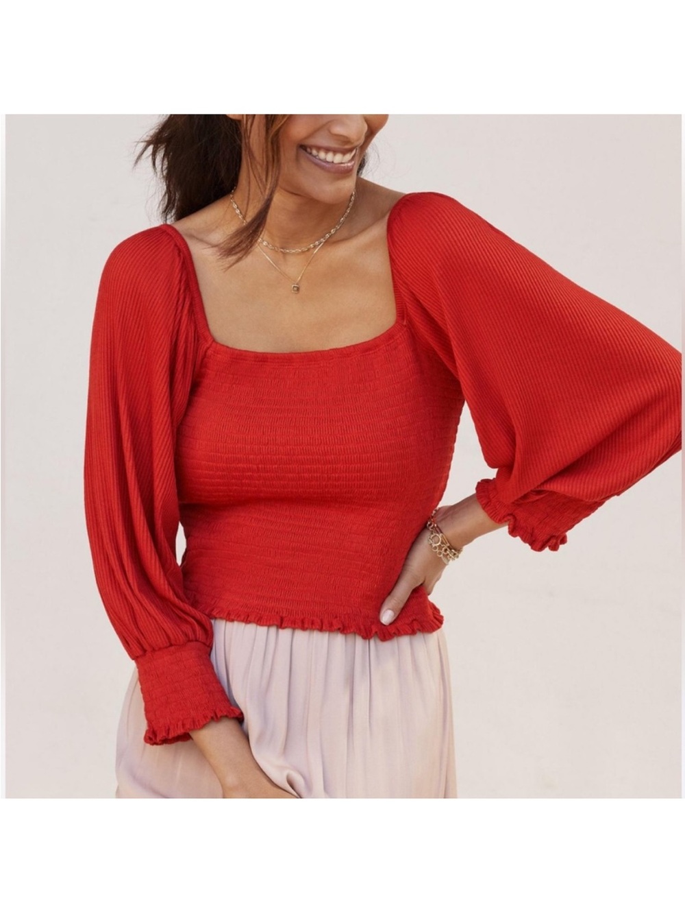 Anthropologie Smocked Puff Sleeve Square Neck Top Red Small